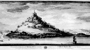 EAST VIEW OF ST MICHAELS MOUNT IN THE COUNTY OF CORNWALL A SEAT OF SIR JOHN AUBYN Bart to WHOM THIS PLATE etc etc WITH CREST
