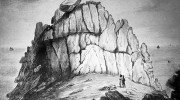 A VIEW OF THE CELEBRATED LOGAN ROCK NEAR THE LANDS END IN CORNWALL . TAKEN AFTER THE ROCK WAS DISPLACED ON 8th APRIL 1824