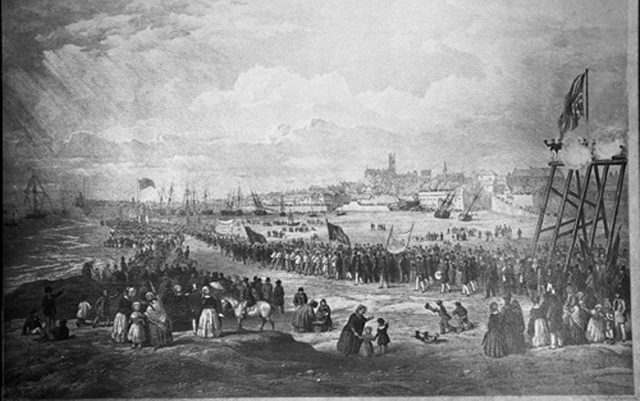 PENZANCE FROM CHYANDOUR; WITH THE CEREMONY OF LAYING THE FOUNDATION STONE OF THE NORTHERN ARM OF THE PIER ON MONDAY July 1st 1845