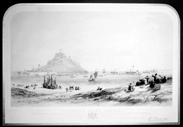 ST MICHAELS MOUNT CORNWALL ? THIS VIEW COMMEMORATES THE VISIT OF H.M. QUEEN VICTORIA H.R.H.PRINCE ALBERT AND H.R.H. THE DUKE OF CORNWALL; SEPTEMBER 5th 1858 (under crest)