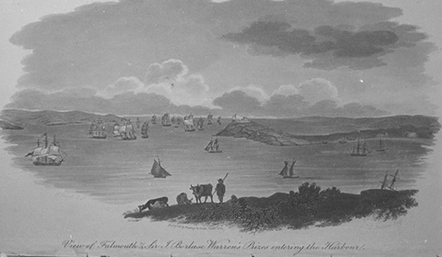 VIEW OF FALMOUTH AND SIR BORLACE WARRENS PRIZES ENTERING THE HARBOUR