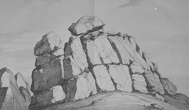 ROCKS AT CASTLE TRERYN WITH THE LOGAN STONE