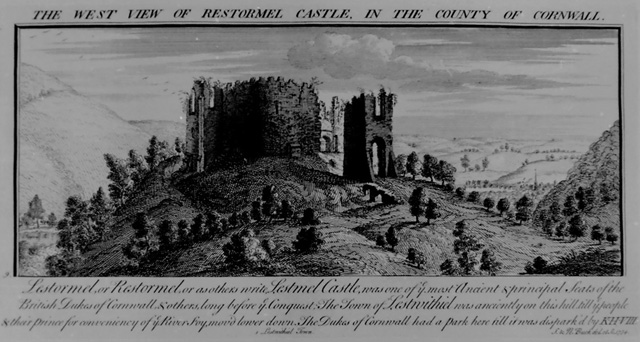 WEST VIEW OF RESTORMEL CASTLE IN THE COUNTY OF CORNWALL (Title over );  History below
