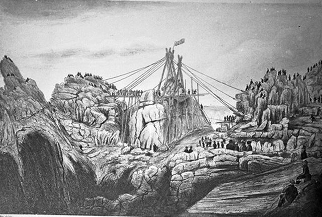A VIEW OF THE SOUTHERN PART OF THE CASTLE TRERYN WITH THE MACHINERY ERECTED FOR THE PURPOSE OF REPLACING THE LOGAN ROCK