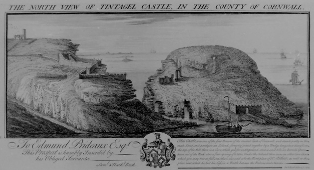 NORTH VIEW OF TINTAGEL CASTLE IN THE COUNTY OF CORNWALL (Title over ) insc to EDMUND PRIDEAUX with history
