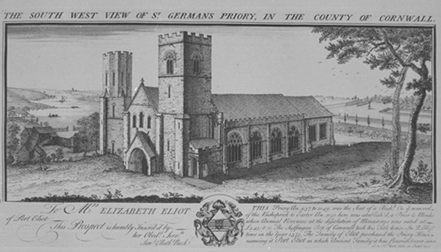 SOUTH WEST VIEW OF ST GERMANS PRIORY IN THE COUNTY OF CORNWALL (Title above)